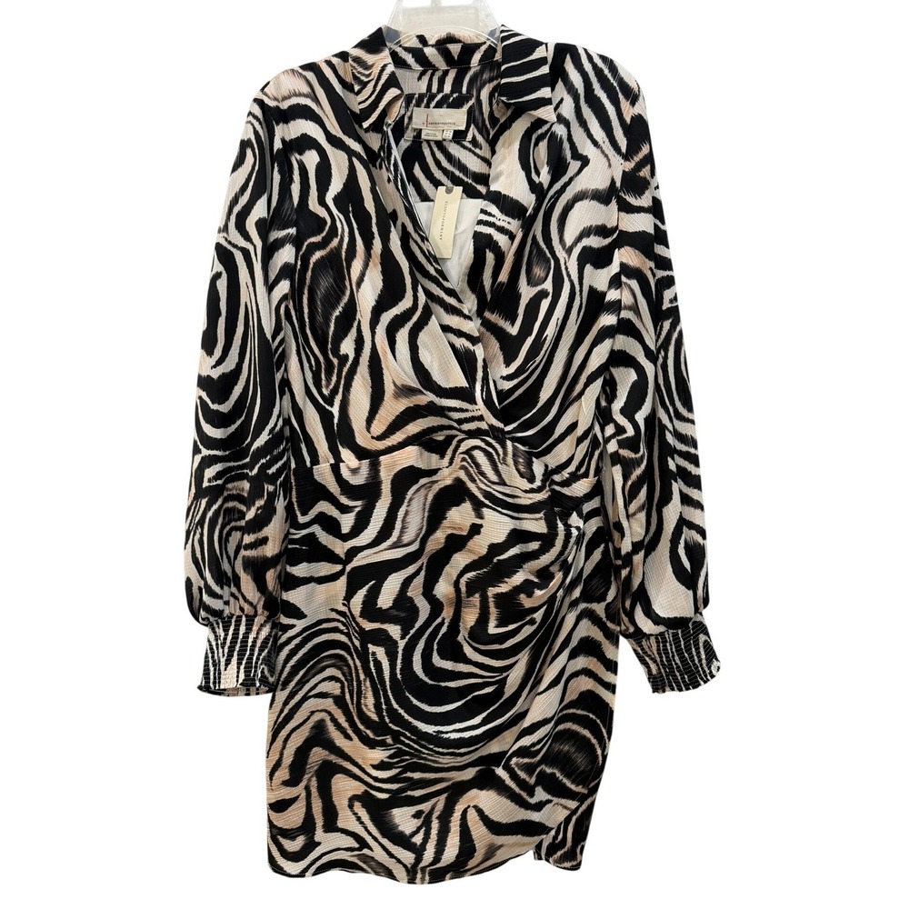 Anthropologie Zebra Print Long Sleeve Faux Wrap Mini Dress Black Tan Size 14 NWT